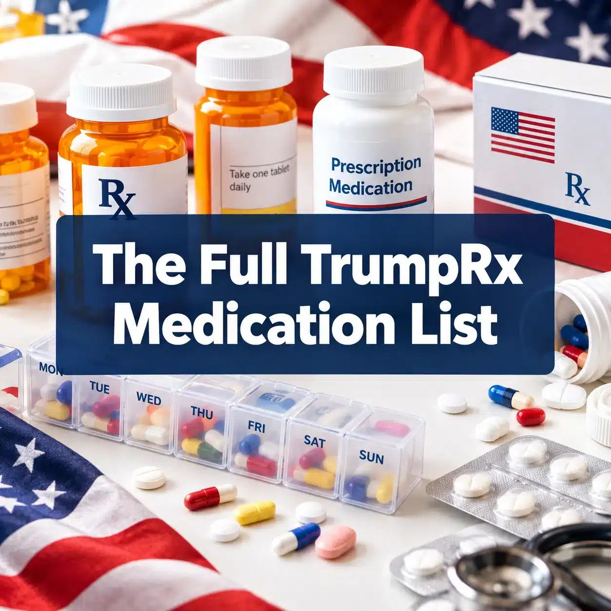 Professional () hero image with 'The Full TrumpRx Medication List' in crisp white centered on a deep navy semi-transparent