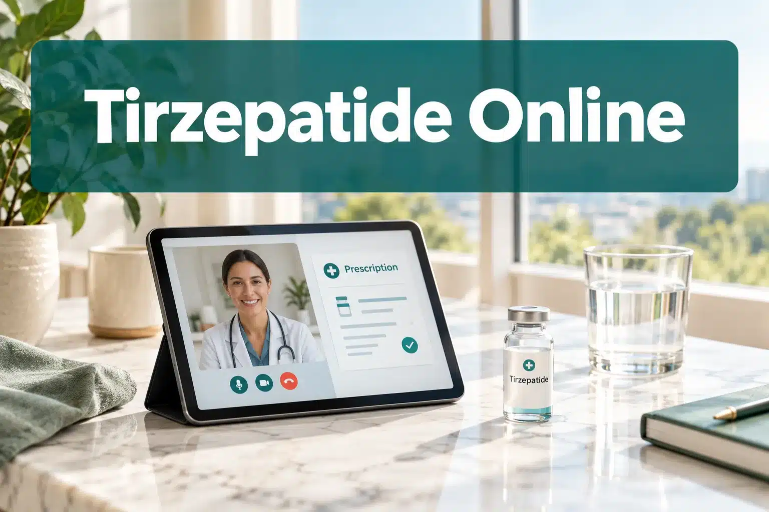 tirzepatide online 1 Professional () hero image with 'Tirzepatide Online' in crisp white on a deep teal semi-transparent panel, centered with 8%