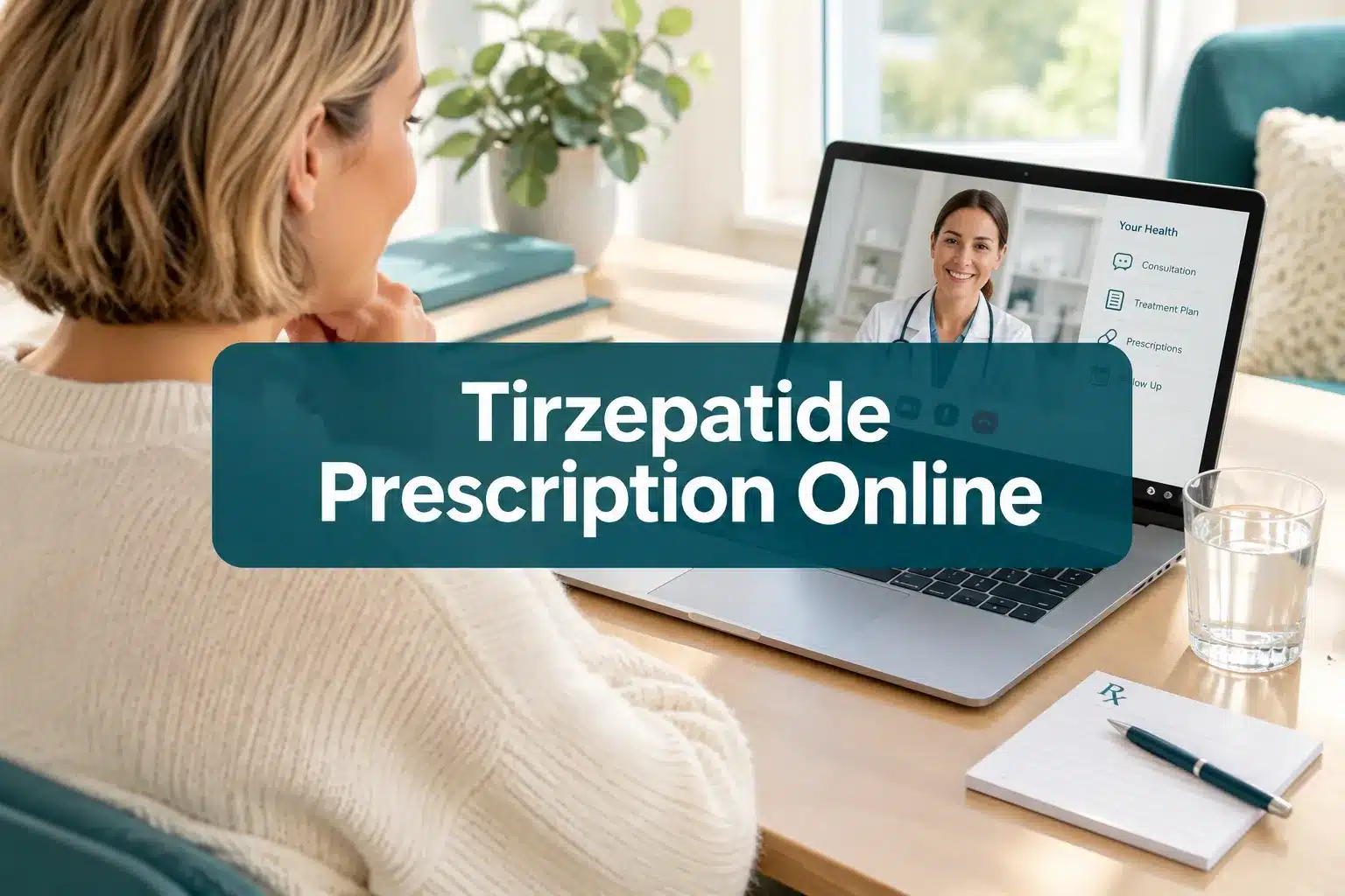 Professional () hero image with 'Tirzepatide Prescription Online' in crisp white modern centered on a semi-transparent deep