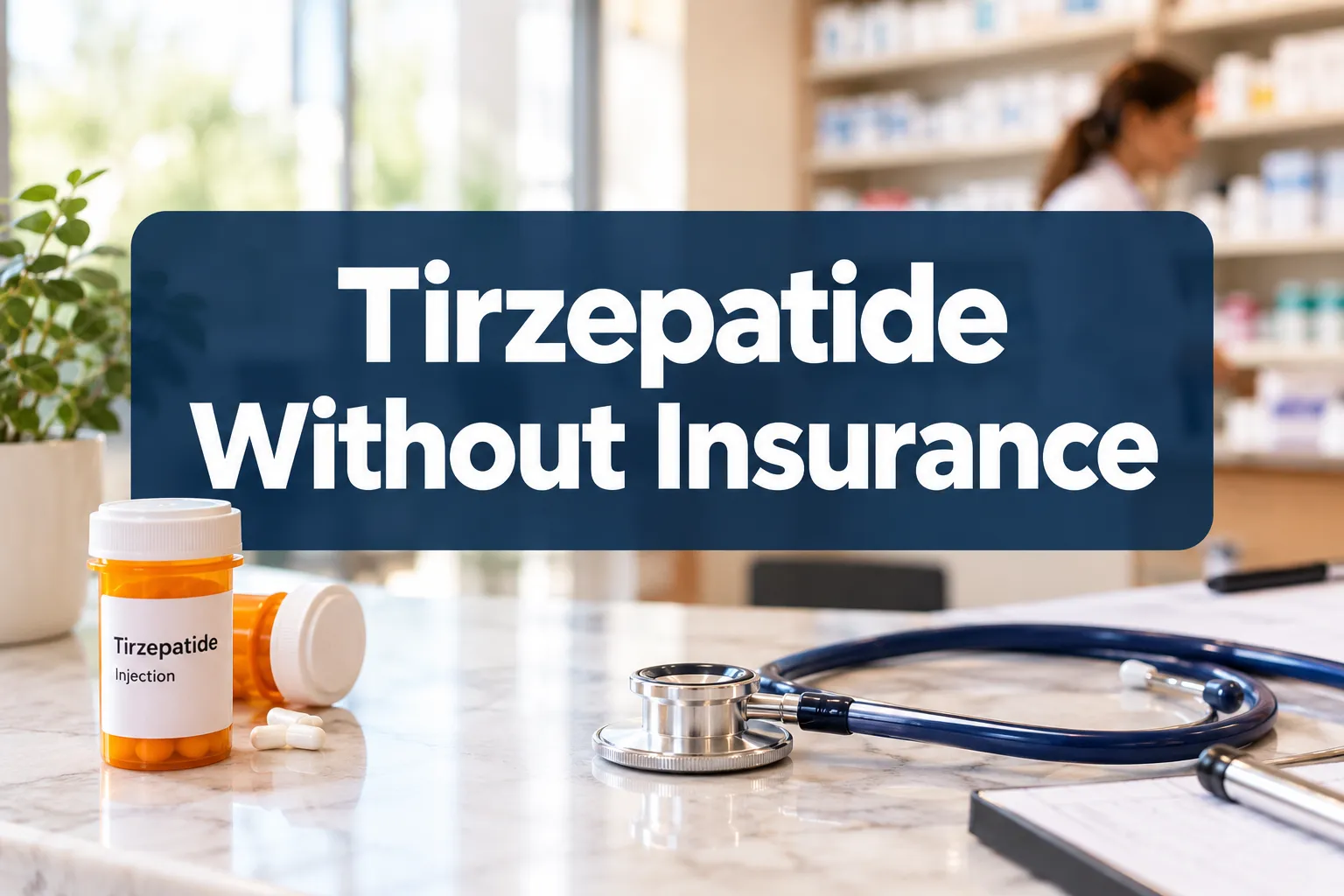 Professional () hero image with 'Tirzepatide Without Insurance' in crisp white on a deep navy semi-transparent panel,