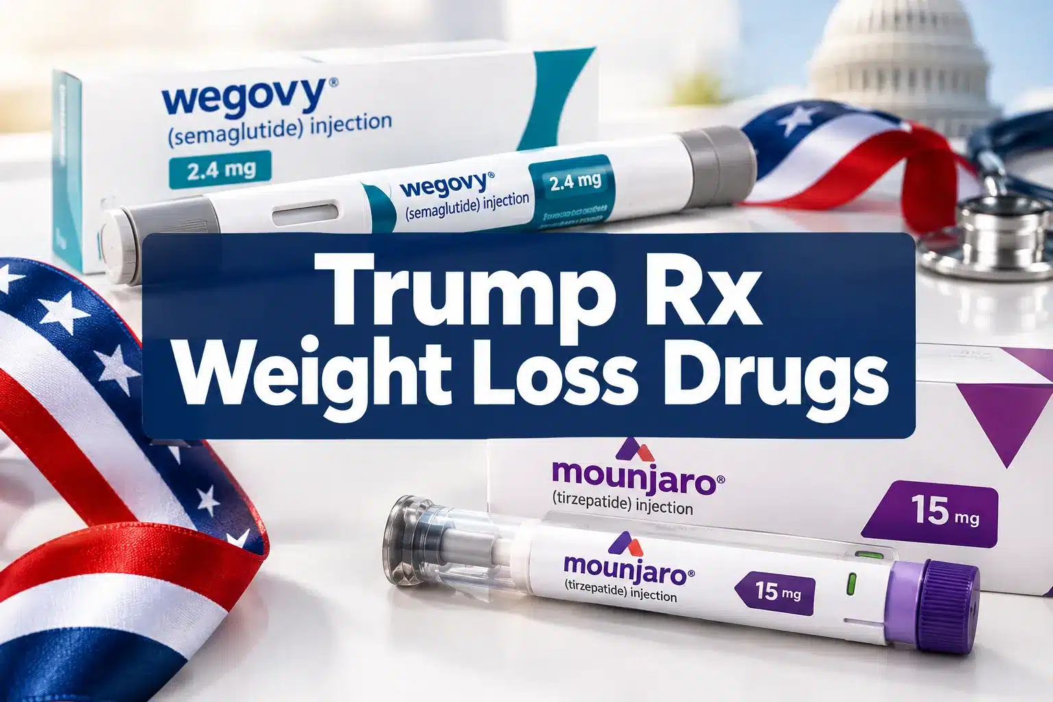 Professional () hero image with 'Trump Rx Weight Loss Drugs' in crisp white on a deep navy semi-transparent panel, centered