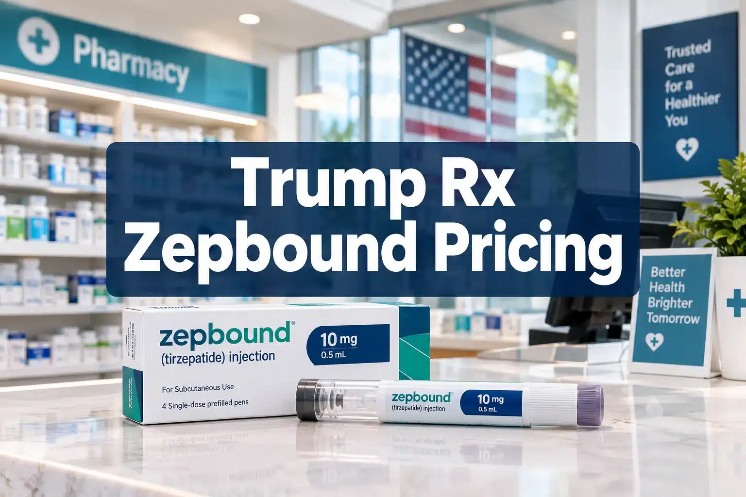 Professional () hero image with 'Trump Rx Zepbound Pricing' in crisp white on a deep navy semi-transparent panel, centered