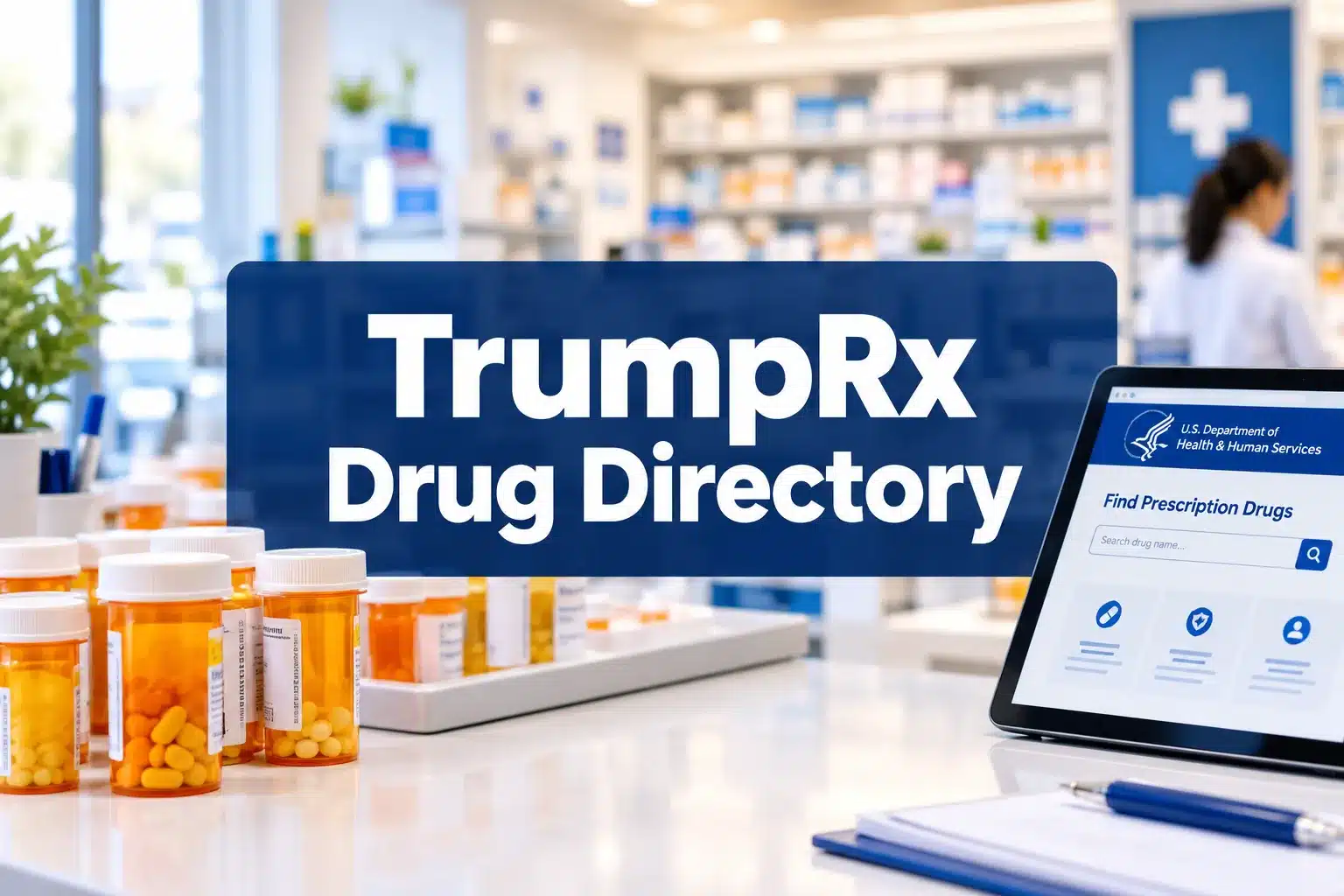Professional () hero image with 'TrumpRx Drug Directory' in crisp white on a deep navy semi-transparent panel, centered with