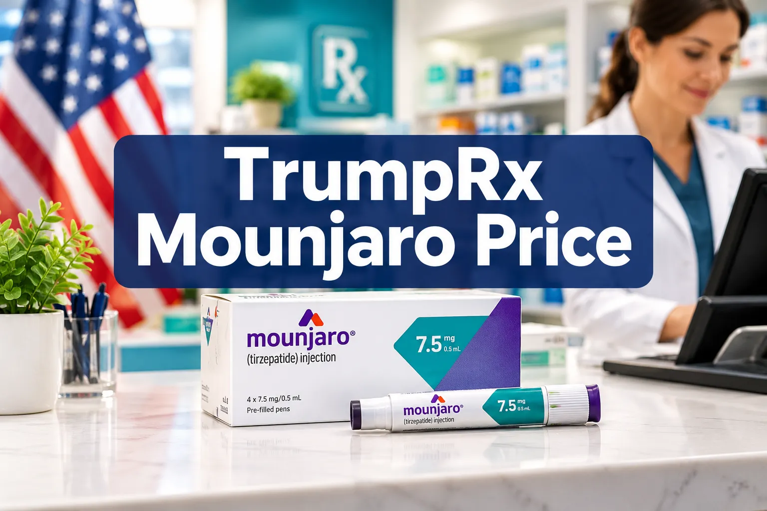 Professional () hero image with 'TrumpRx Mounjaro Price' in crisp white on a deep navy semi-transparent panel, centered with