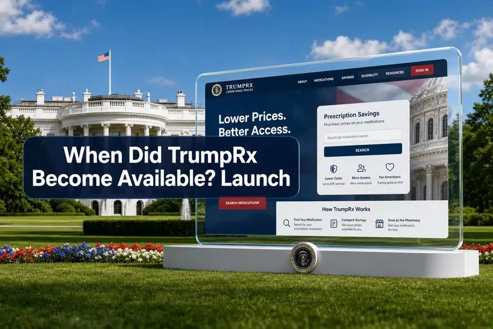 Professional () hero image with 'When Did TrumpRx Become Available? Launch' in crisp white on a deep navy semi-transparent