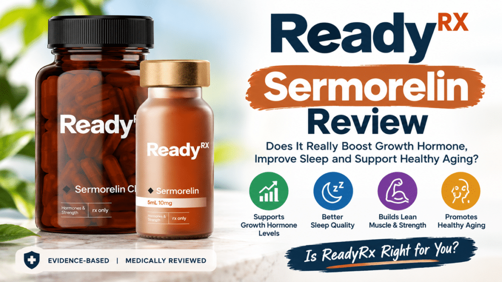 ReadyRx Sermorelin review 2026 featured image showing a Sermorelin injection vial and oral tablet on a clean white background with the ReadyRx logo