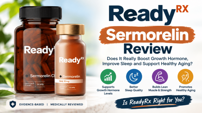 ReadyRx Sermorelin review 2026 featured image showing a Sermorelin injection vial and oral tablet on a clean white background with the ReadyRx logo