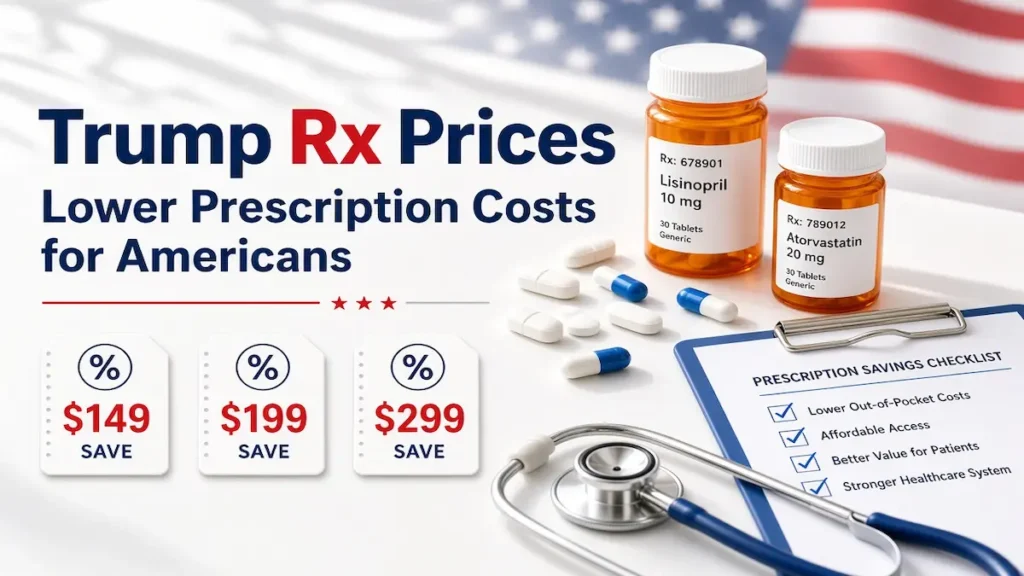 Trump Rx Prices (2026): Full Medication List & Costs 4 TrumpRx prescription savings guide illustrating medication price comparisons, brand-name and generic drugs, and ways to check current prescription costs