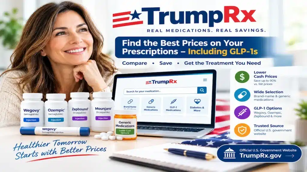 Trump Rx Prices (2026): Full Medication List & Costs 3 TrumpRx medication price comparison featuring prescription savings, GLP-1 medications, generic drugs, and options for comparing cash prices